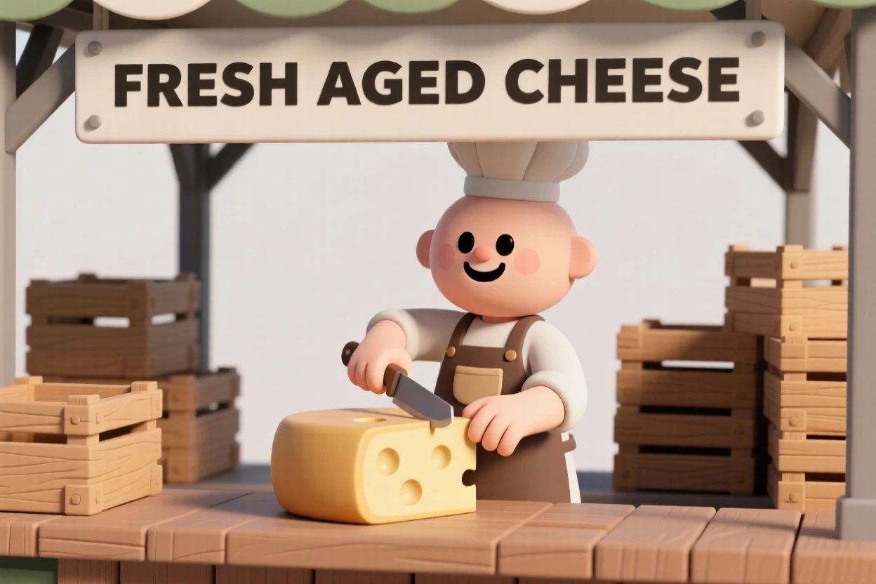 A cheerful cheese vendor slices a wheel of aged cheese at a bustling farmers market stall lined with wooden crates.