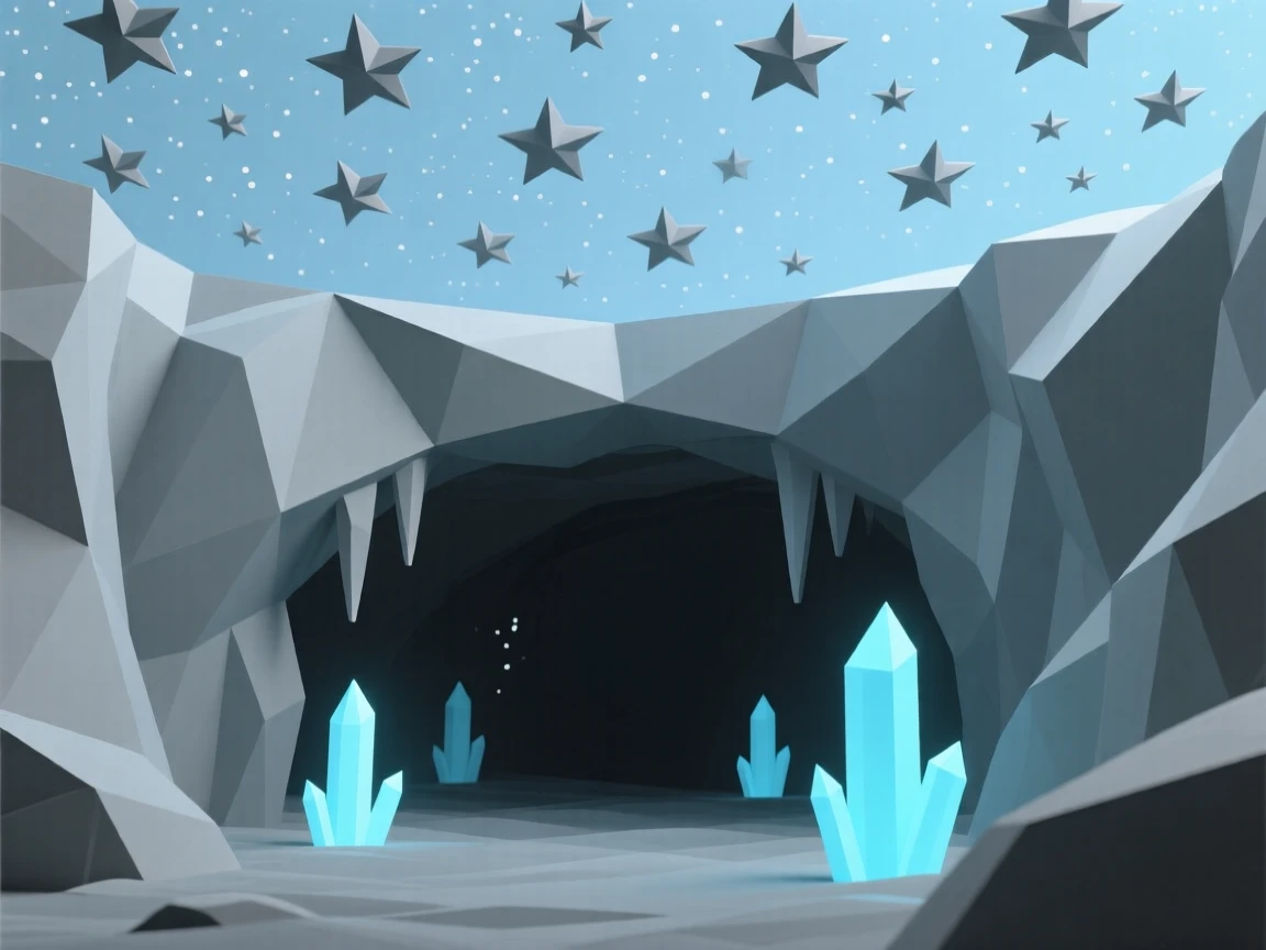 An underwater cave glowing with soft blue light, beneath a sky filled with countless stars. the scale of the scene emphasizes its vastness and wonder. There is a dreamlike, otherworldly quality to the moment.