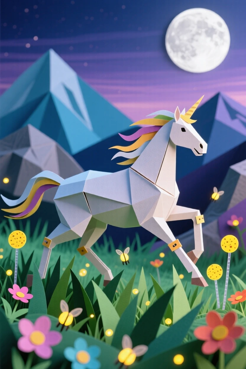 A centaur galloping through an enchanted meadow at twilight, fireflies swirling around it, distant mountains glowing under a rising moon, evoking freedom and myth.