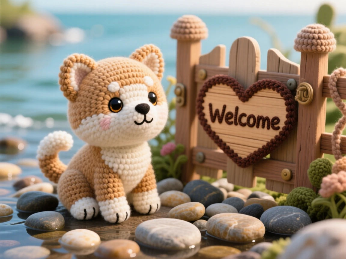 a fluffy baby akita puppy, with a curled tail and proud posture, sitting attentively at a garden gate, set in a tide pool filled with smooth pebbles, with a little wooden sign shaped like a heart, evoking wide-eyed wonder at the world around it.
