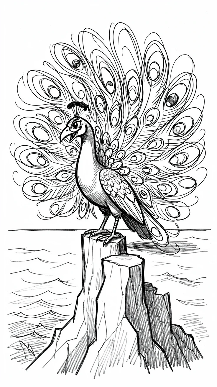 A peacock displaying its feathers on a cliff overlooking the ocean.