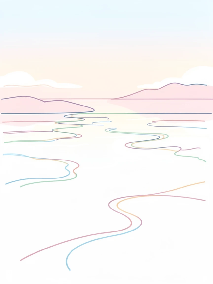 A salt flat stretching to the horizon, perfectly reflecting a pastel sky.
