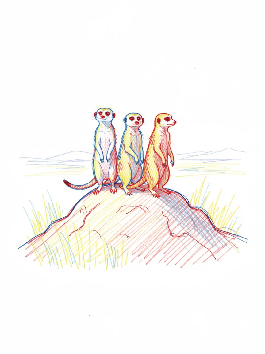 A group of meerkats standing alert atop a termite mound in the savanna