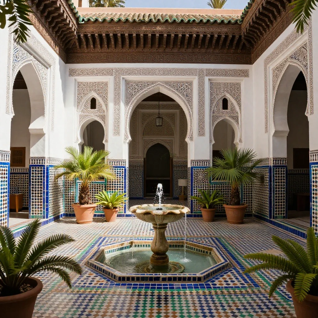 A traditional Moroccan riad courtyard with mosaic tiles
