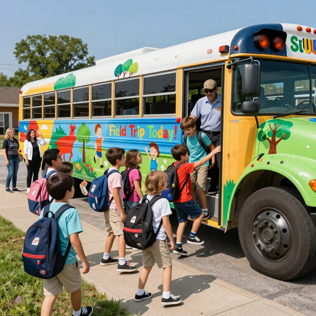A group of schoolchildren pile onto a colorful bus painted with murals for a field trip.