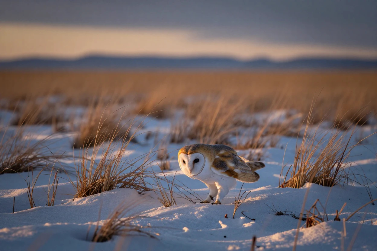 A barn owl foraging quietly through fresh snow across an open golden savanna as the day slowly fades