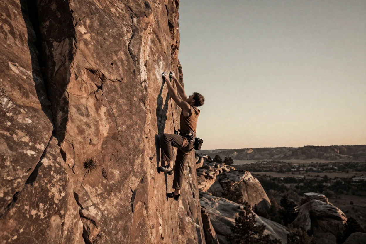 A rock climber scaling a sunlit sandstone cliff, under a glowing sunset sky, on a clear, cloudless day, in the mild days of early autumn, with stark black-and-white contrast softened by a single warm hue, viewed from across the room.