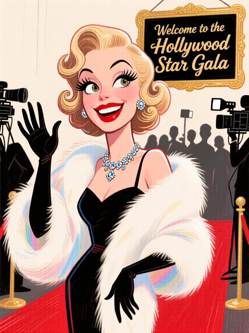A glamorous old-Hollywood-inspired fictional actress in a fur stole and diamond necklace, waving from a red carpet.