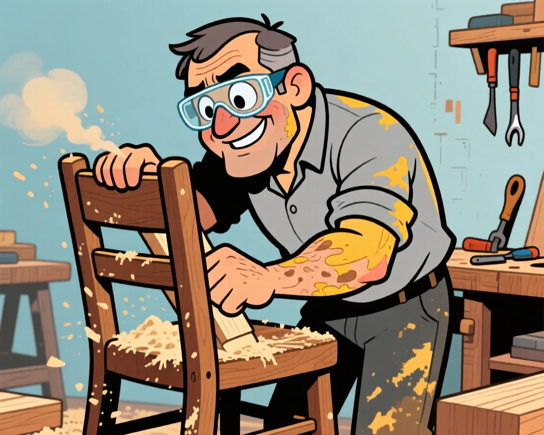 An everyday-life snapshot of a dedicated woodworker sanding a chair, sawdust coating his forearms and safety glasses.