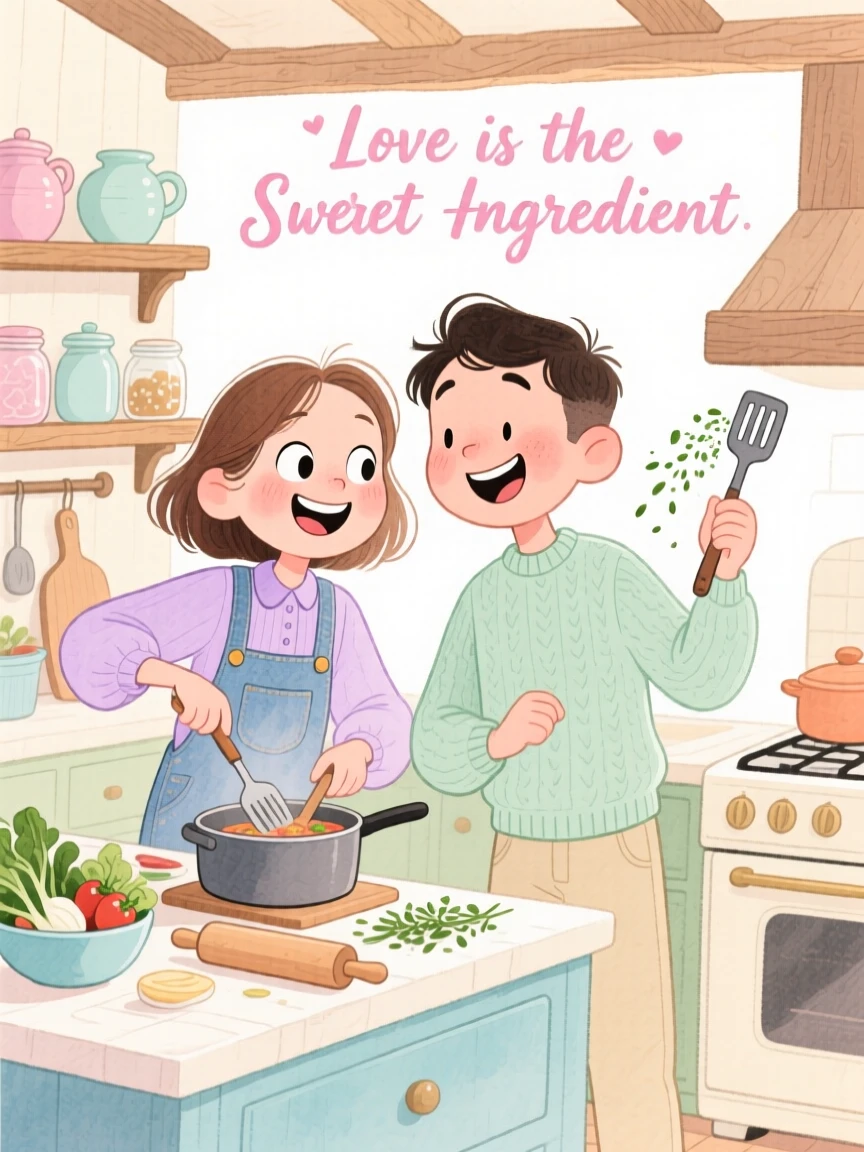 Two best friends turned sweethearts cooking together in a cozy farmhouse kitchen