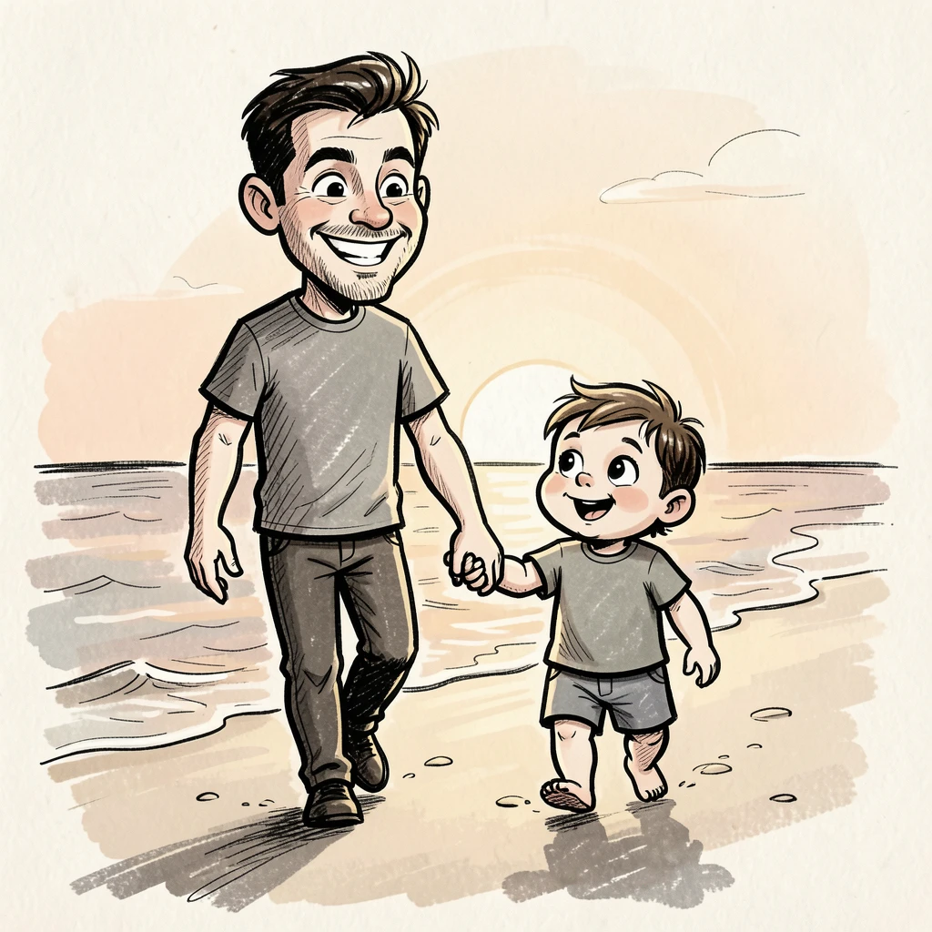 [Family & Relationship Moments] Heartwarming scene of a father walking hand in hand with his toddler on a beach at sunset, radiating love and warmth