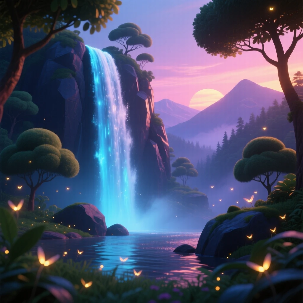 A towering waterfall glows as fireflies begin to flicker in the twilight, with distant mountains fading into soft haze. A calming stillness settles over the landscape.