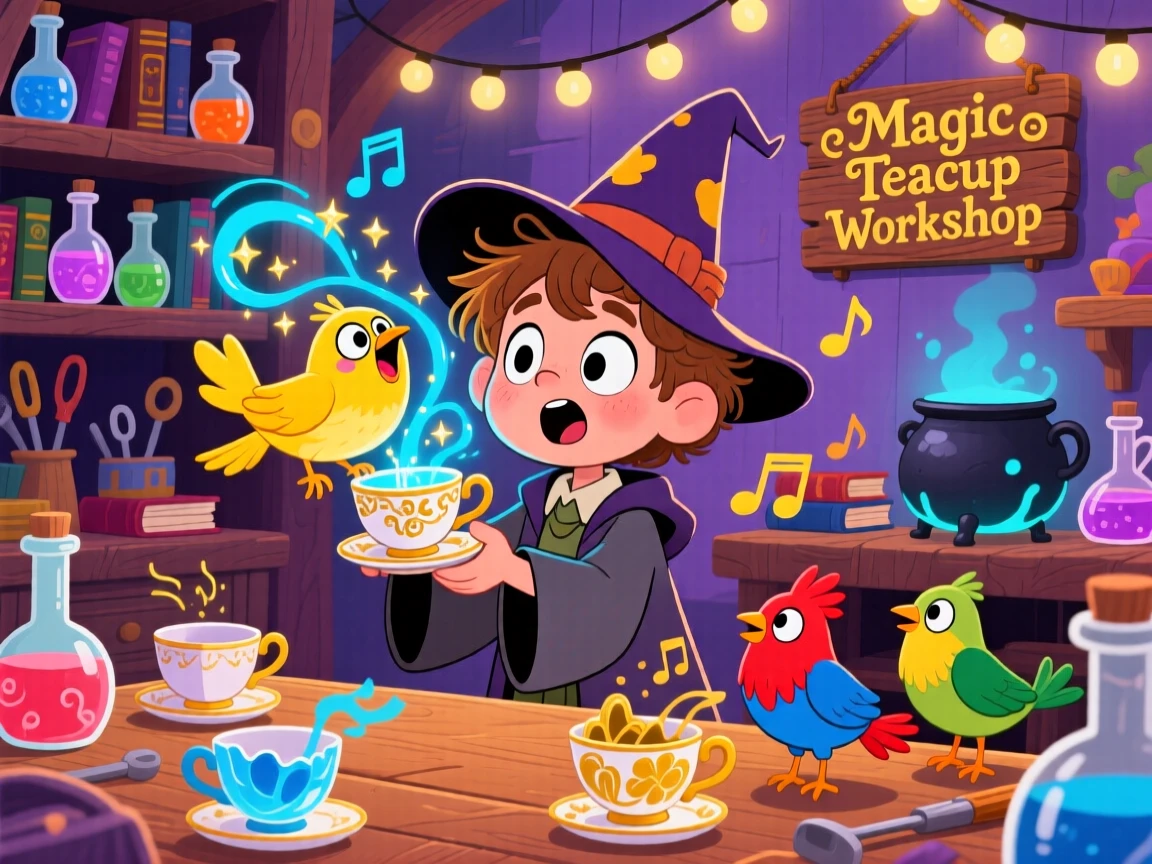 A wizard's apprentice accidentally turning teacups into singing birds.