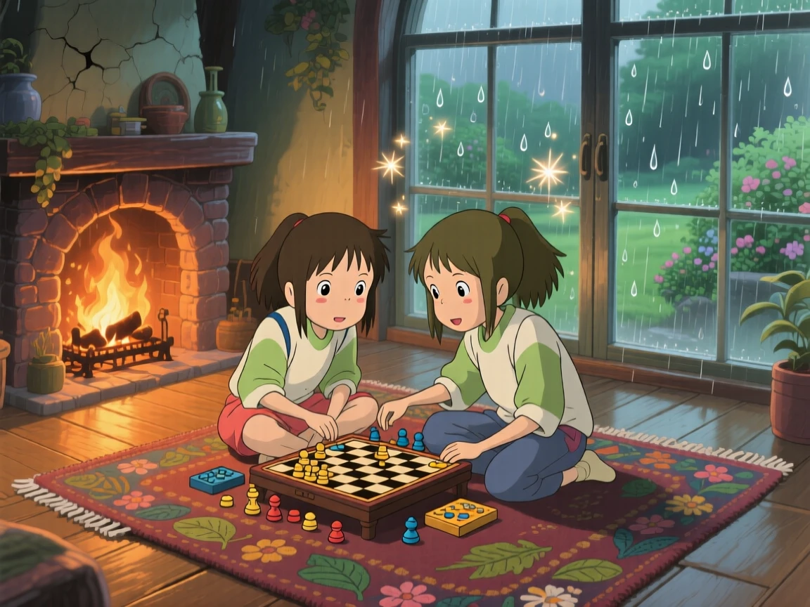 Two friends playing a board game on a rug by the fireplace, soft rain pattering against the glass outside, the whole scene feeling warm and comforting.