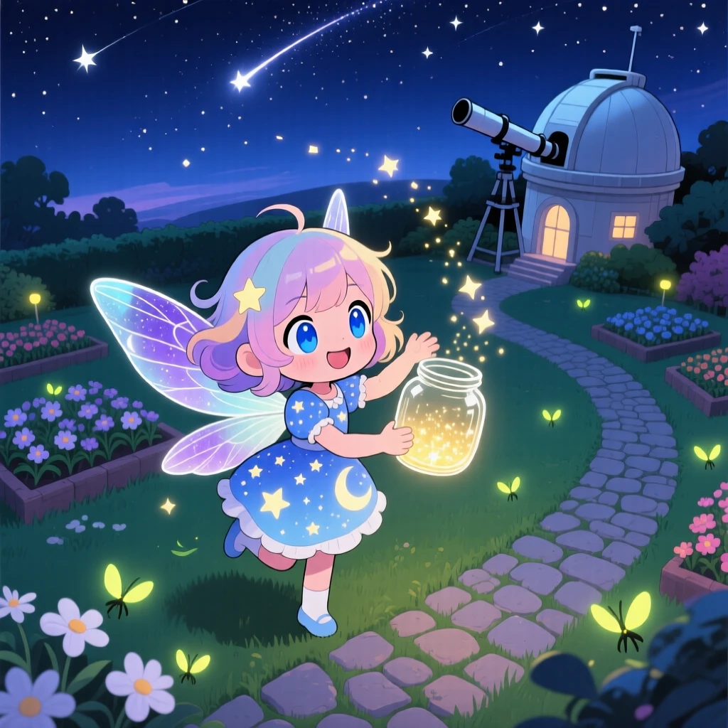 Bird's-eye view: a starlight fairy, catching falling stardust in a jar, set against a night sky observatory garden as fireflies begin to glow at dusk, with diffused overcast light and a mood of bubbly enthusiasm.