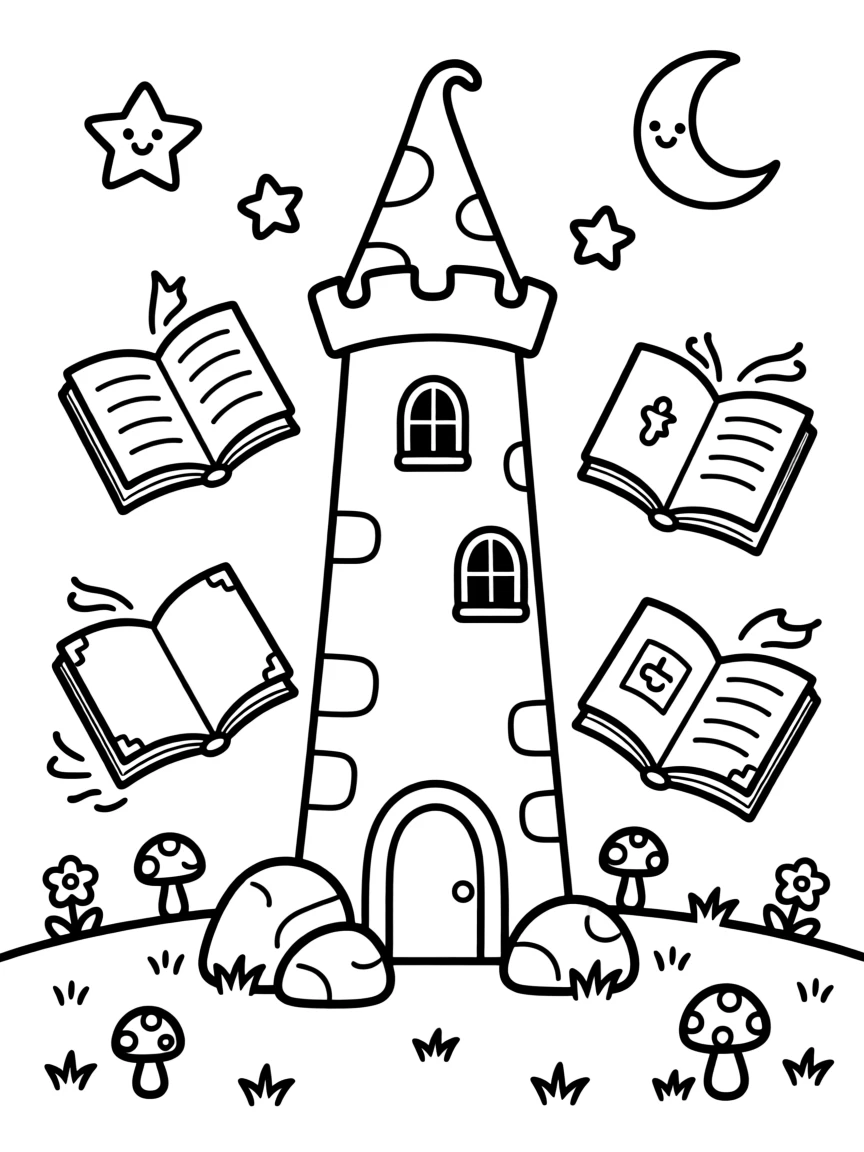 A wizard tower surrounded by floating magical books