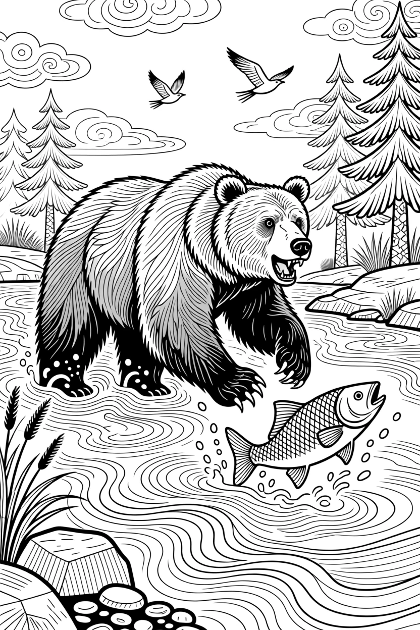 A grizzly bear catching a leaping salmon in a rushing river.