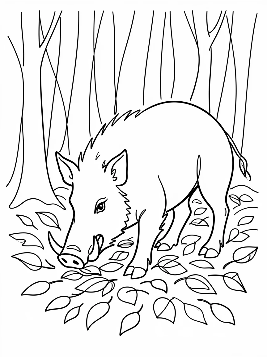 A wild boar rooting through fallen leaves in a dense forest