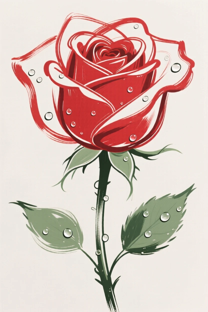 A single red rose covered in morning dew droplets.