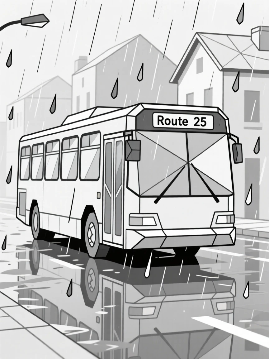 A city bus driving through a rainy street