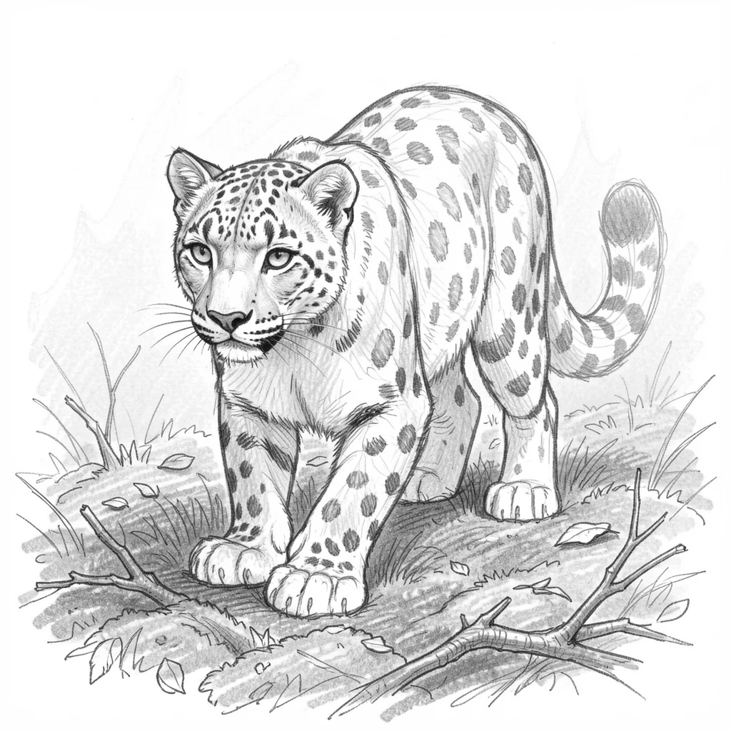 An adorable close-up of a majestic snow leopard exploring a mossy forest floor, framed by soft morning mist.