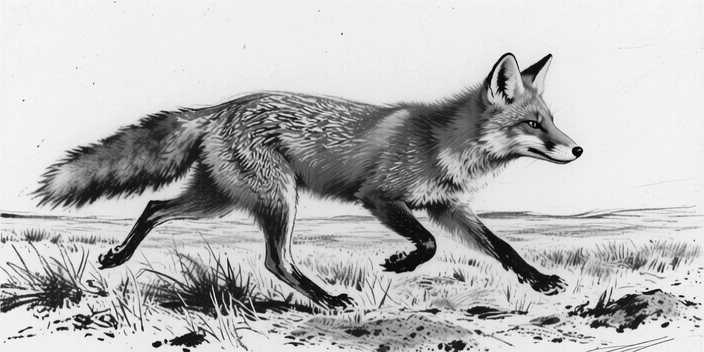 A red fox running freely across an open plain.