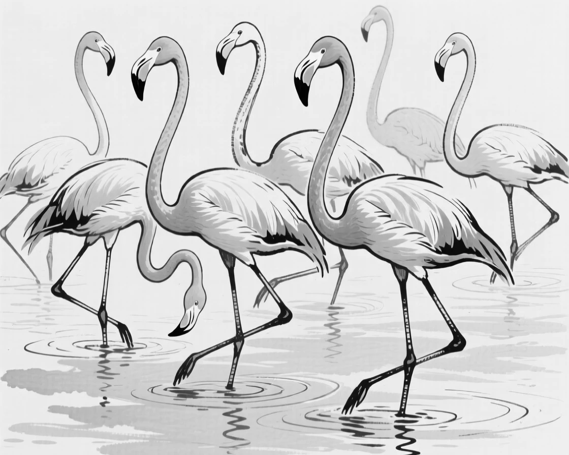 A flock of flamingos wading through shallow pink-tinted waters.