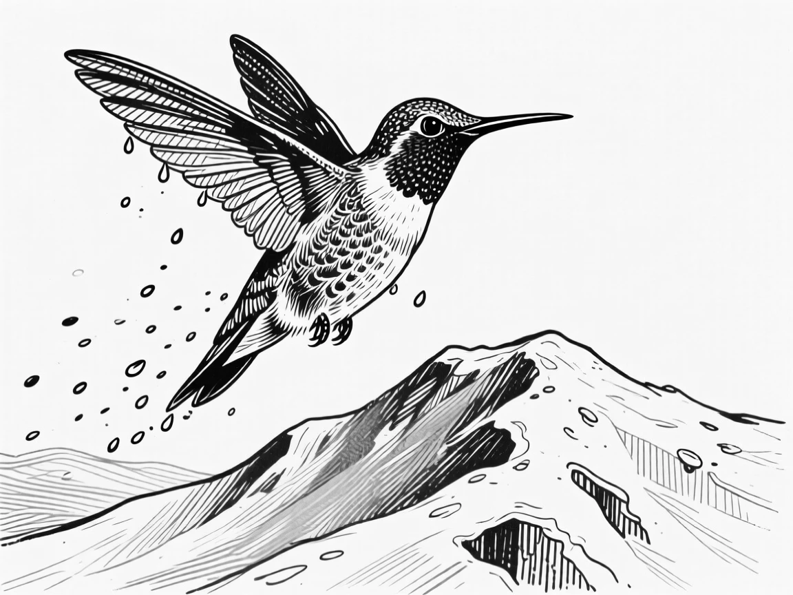 A hummingbird in flight on a snow-covered ridge, with droplets of water clinging to its coat, capturing a gentle and endearing moment in nature with a strong, centered focal point.