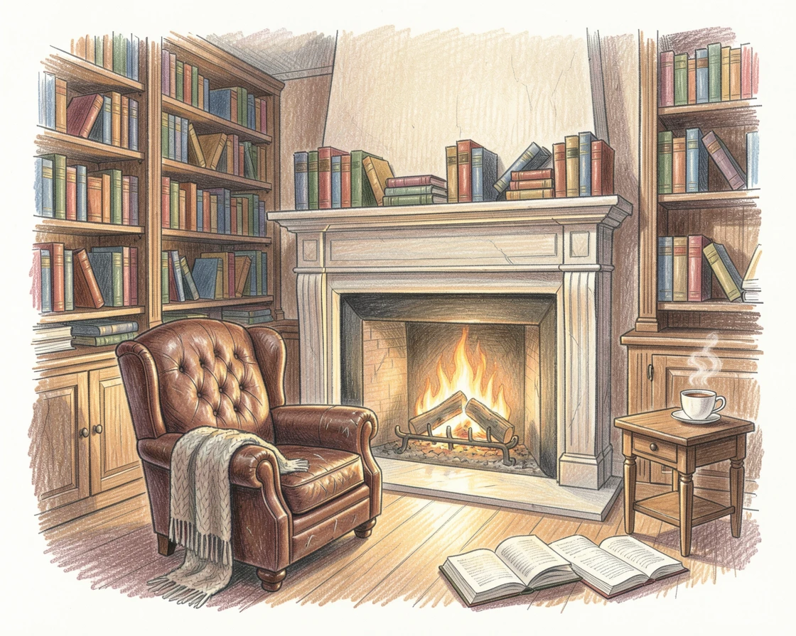 A book-lined study with a crackling fireplace and a worn leather armchair, with soft shadows and a gentle, lived-in charm, designed to feel inviting, nostalgic, and deeply cozy.