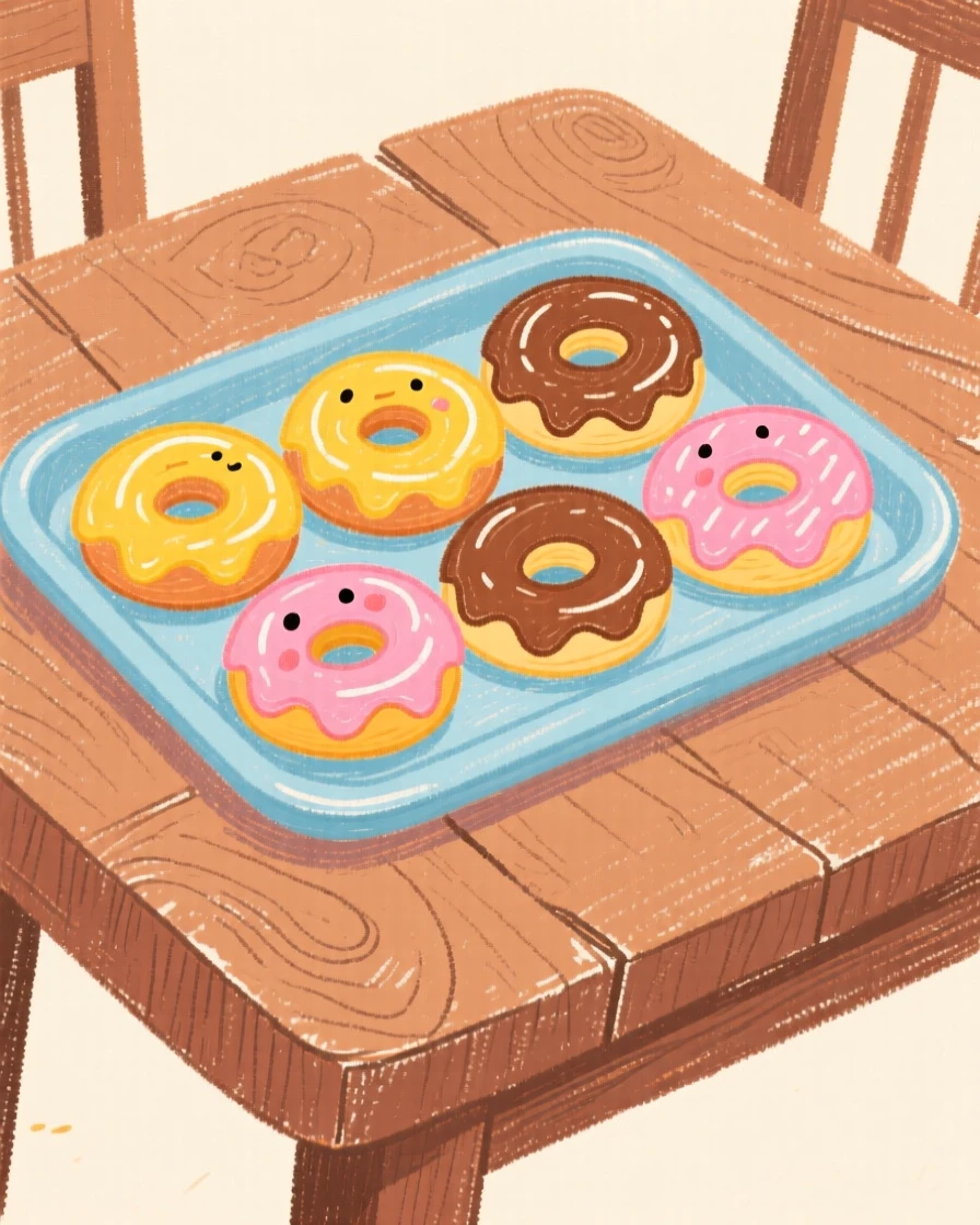 A tray of glazed donuts arranged on a rustic wooden table.