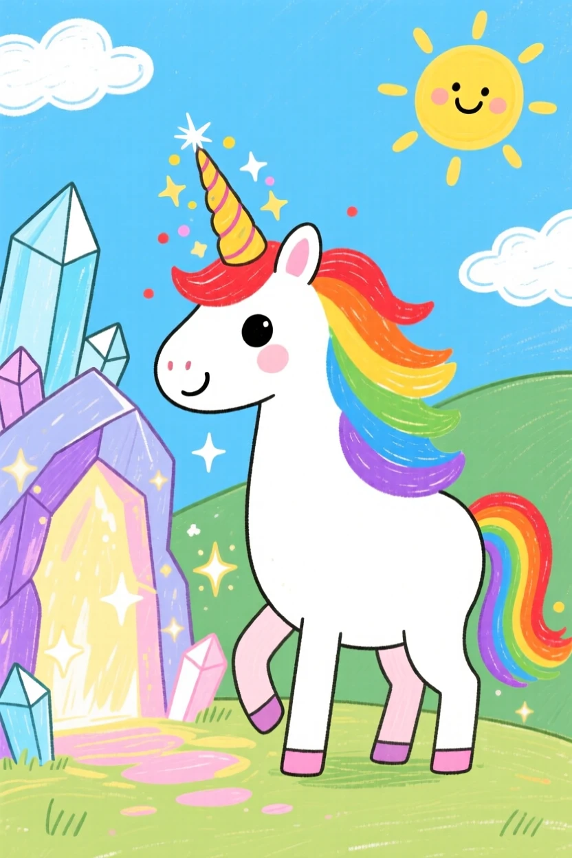 A shimmering unicorn with a flowing rainbow mane near a crystal cave glowing with soft light.