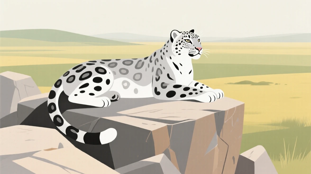 A majestic snow leopard resting on a rocky outcrop overlooking the open plains.