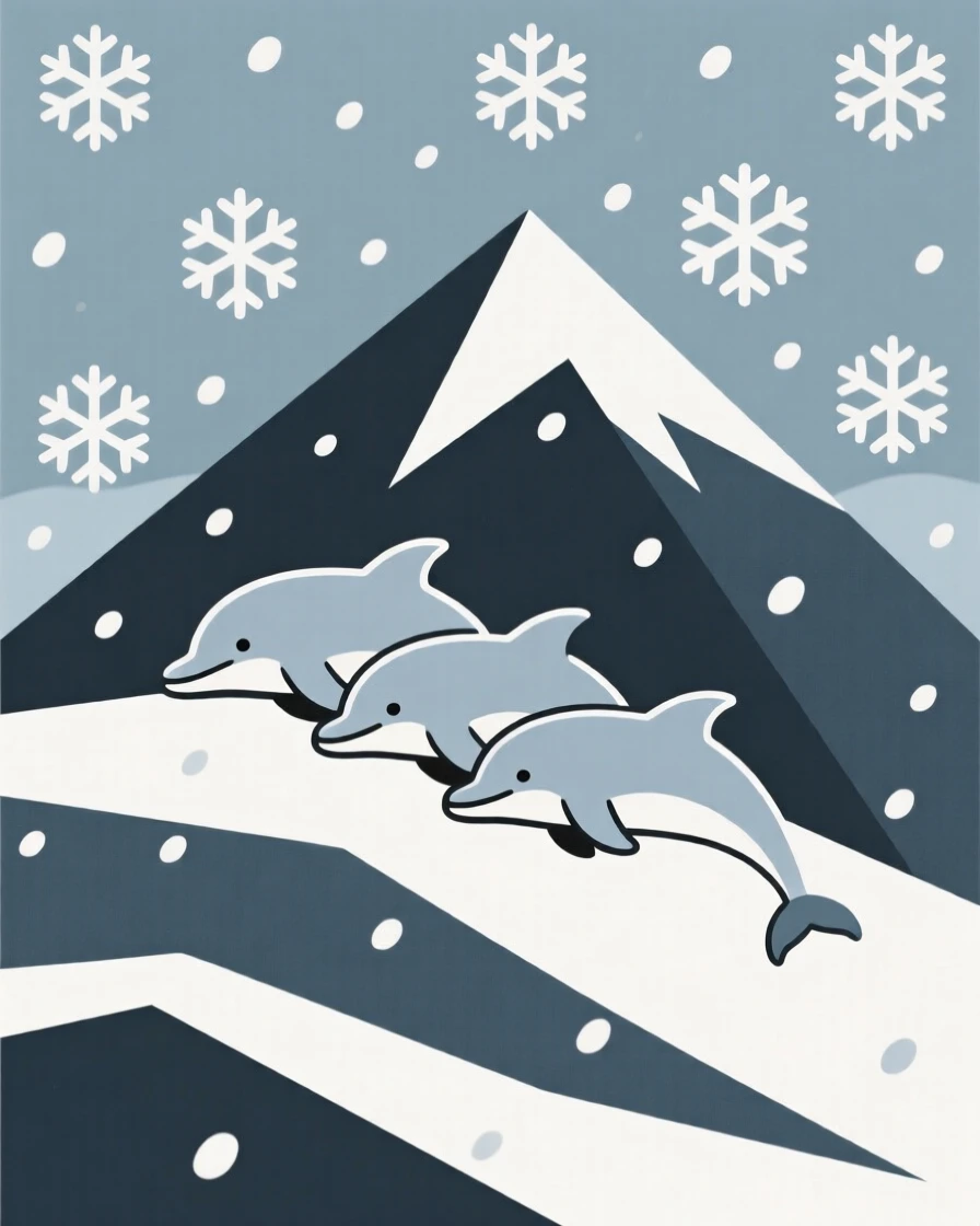 A curious dolphin pod pausing in a mountain hillside, with falling snowflakes in the background, radiating playful energy.