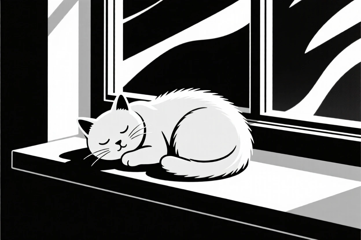 A curious kitten napping on a sunny windowsill.