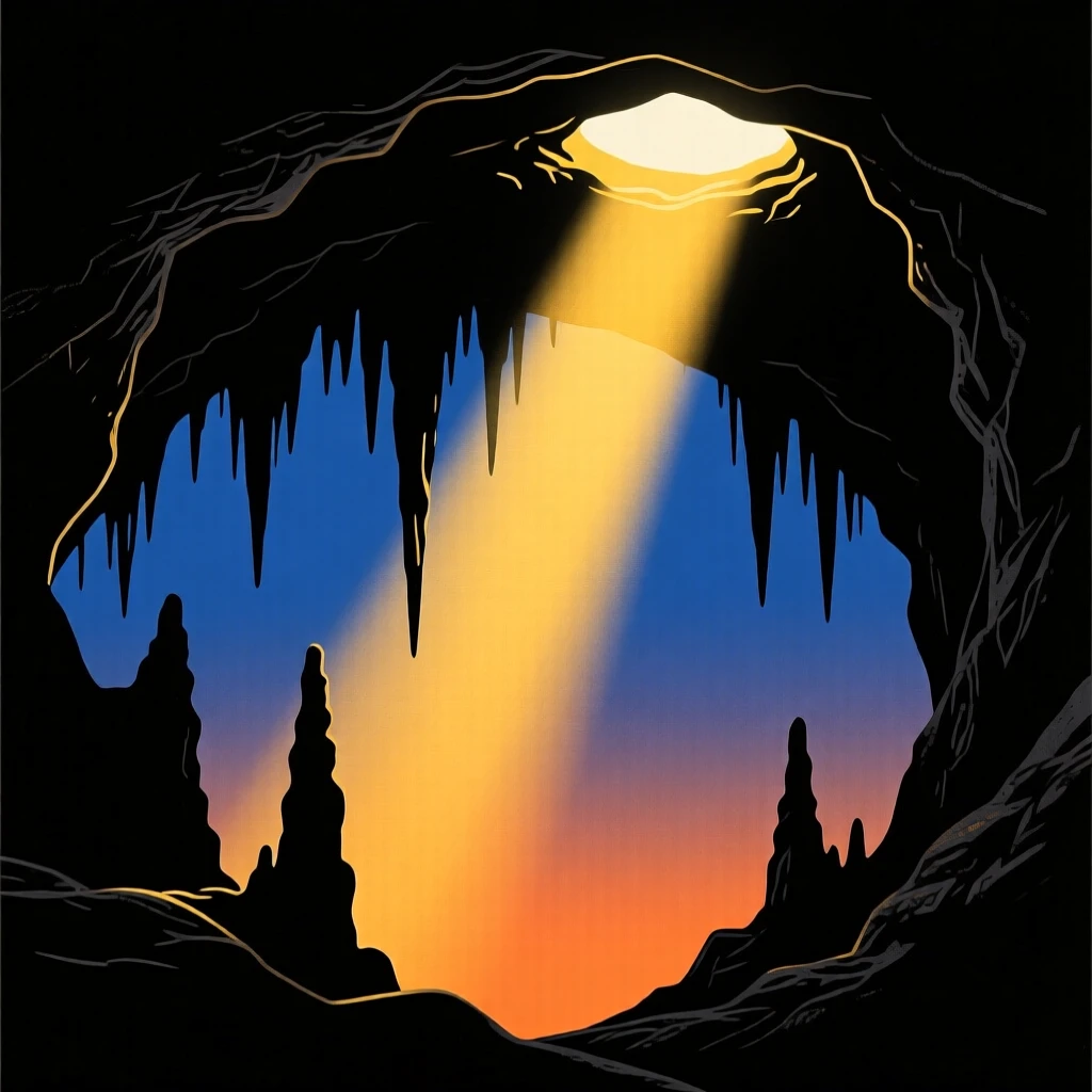 A cave interior filled with dripping stalactites and a shaft of light from above.