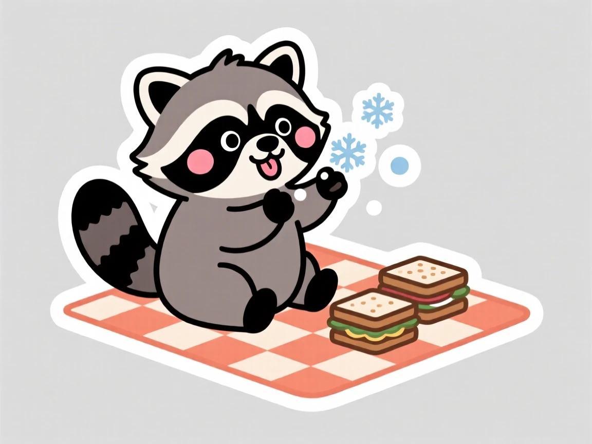 A blushing baby raccoon catching snowflakes on its tongue, on a picnic blanket with tiny sandwiches nearby.