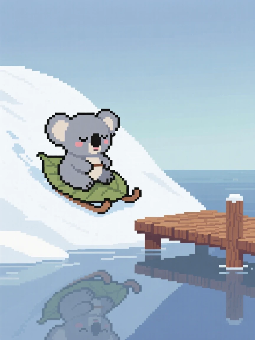 A sleepy koala sledding down a snowy hill on a leaf, on a wooden dock over a still lake.