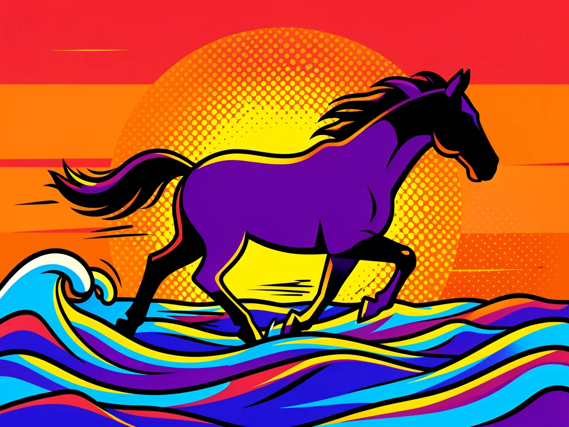 A horse galloping through shallow ocean waves silhouetted against a lit sunset
