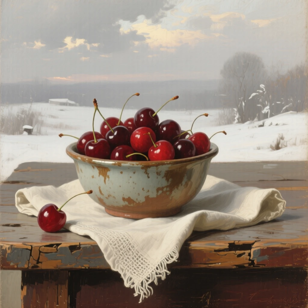 A medium shot of a bowl of freshly picked cherries beside a linen napkin, in deep winter, beneath drifting clouds.