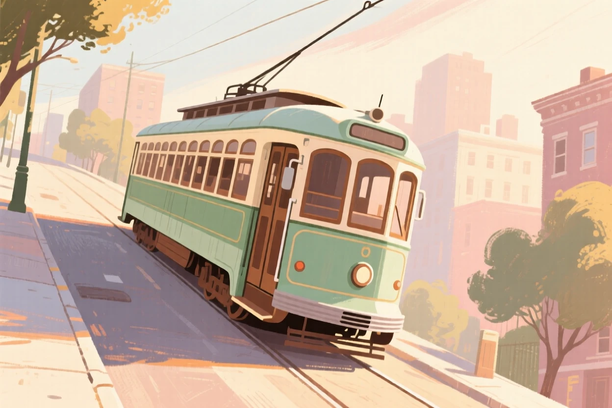 An old-fashioned trolley car climbing a steep city street