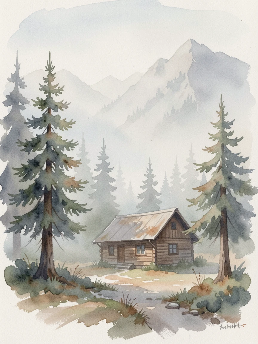 A quiet mountain refuge wrapped in soft morning fog under a soft and peaceful light.