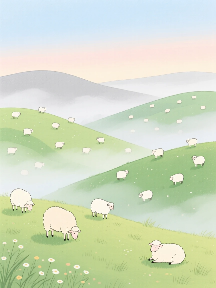 A panoramic scene of rolling hills dotted with grazing sheep under a soft blanket of fog.