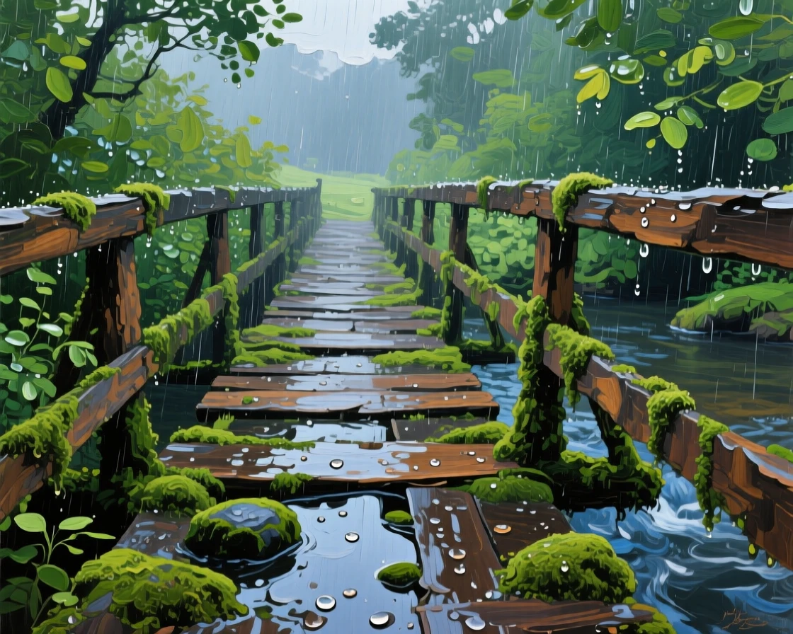 an old footbridge crossing a mossy stream, after fresh rainfall, from an inviting eye-level viewpoint.