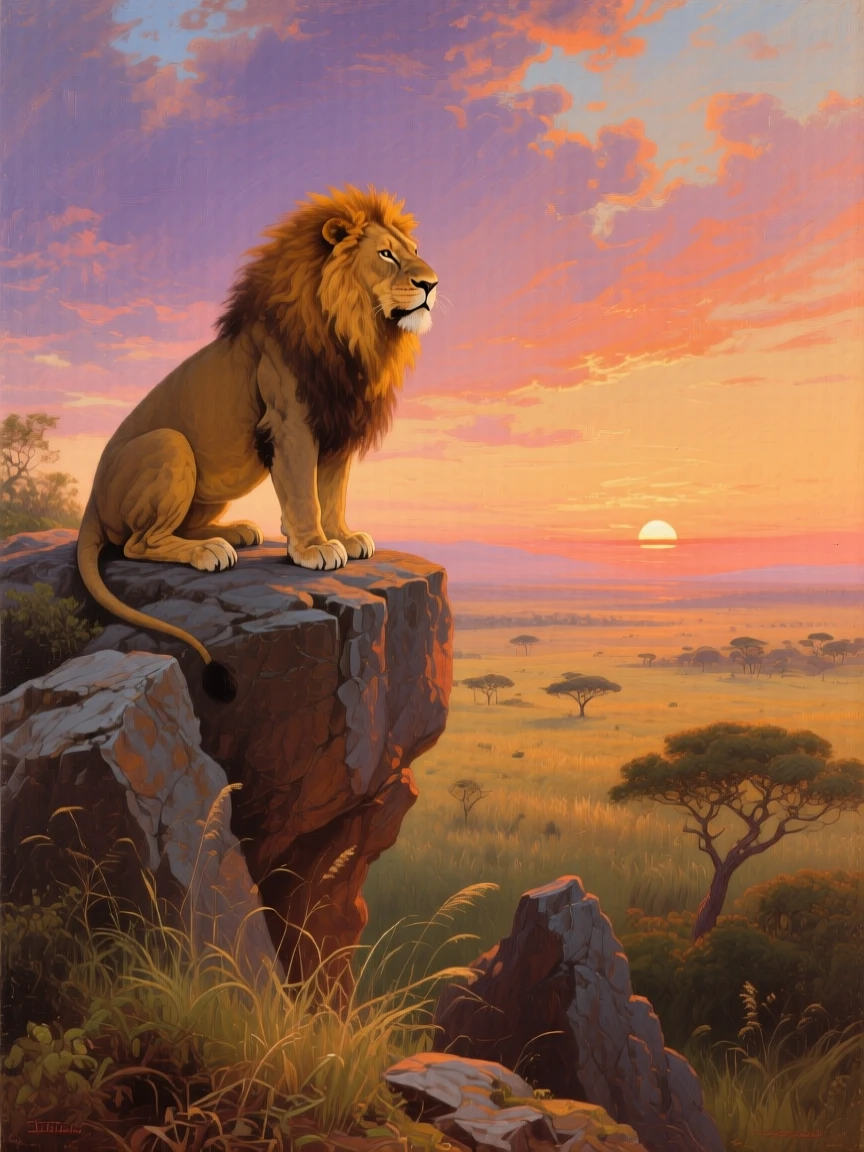 A lion surveys the savanna from atop a rocky outcrop at sunset.