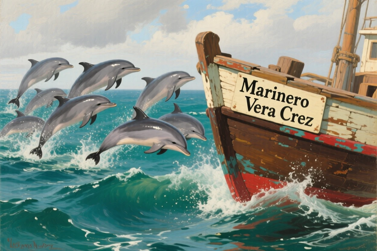 A school of dolphins leaping playfully alongside a boat's wake, captured in a fleeting moment of pure wild instinct, evoking deep respect for the power and grace of nature