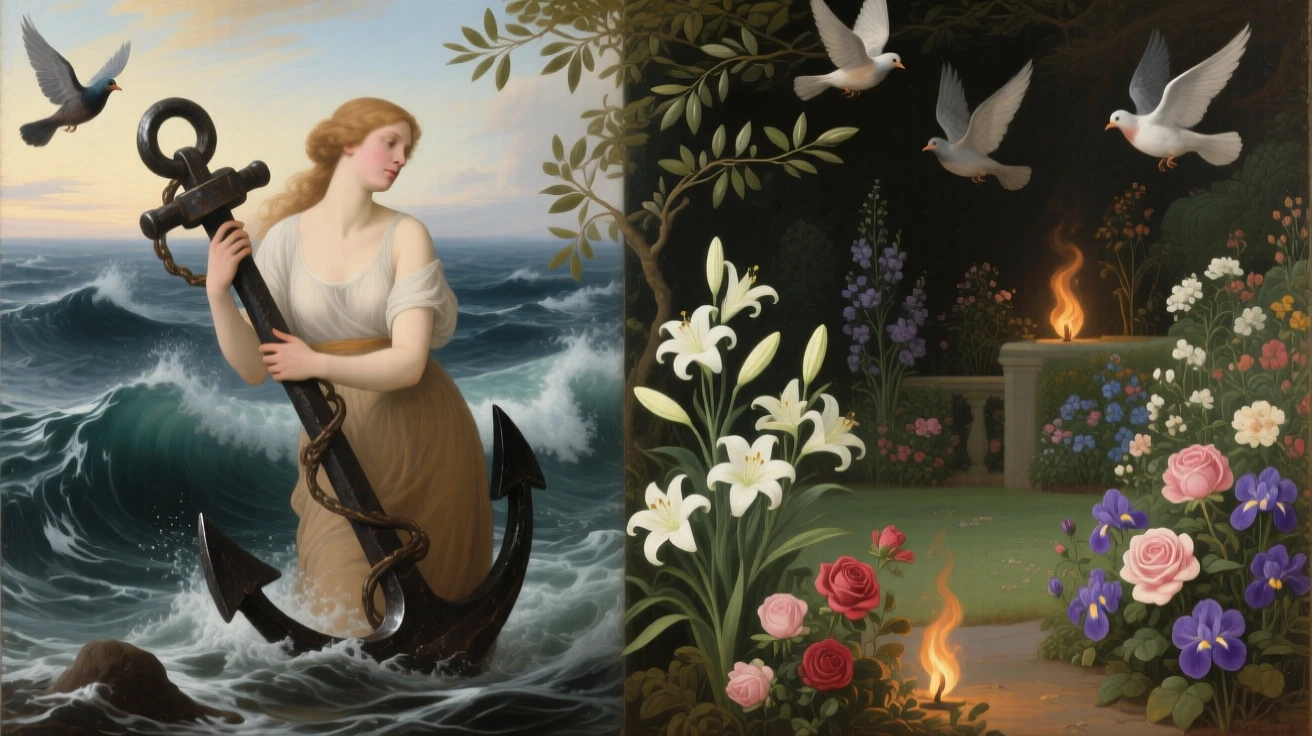 A figure representing Hope clinging to a single anchor amid stormy waves as unseen forces of fate quietly converge, set within a garden where every bloom carries hidden meaning, with doves, olive branches, or flames rendered as carriers of deeper meaning; contrasting light and shadow divide the canvas into meaningful halves, suggesting hope, transformation, and the endurance of the human spirit.