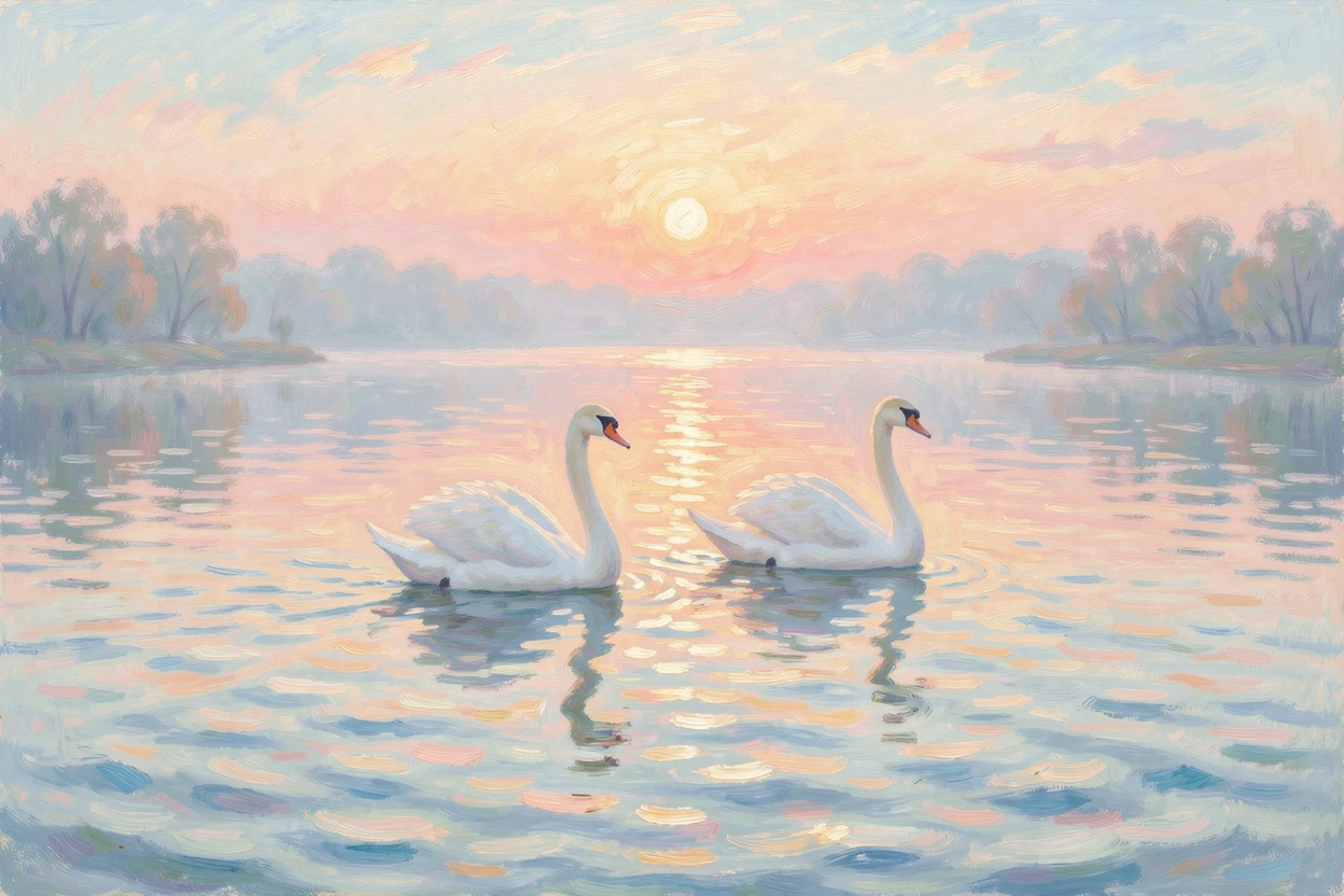 A pair of swans gliding across a still lake at dawn, ripples trailing gently behind them.