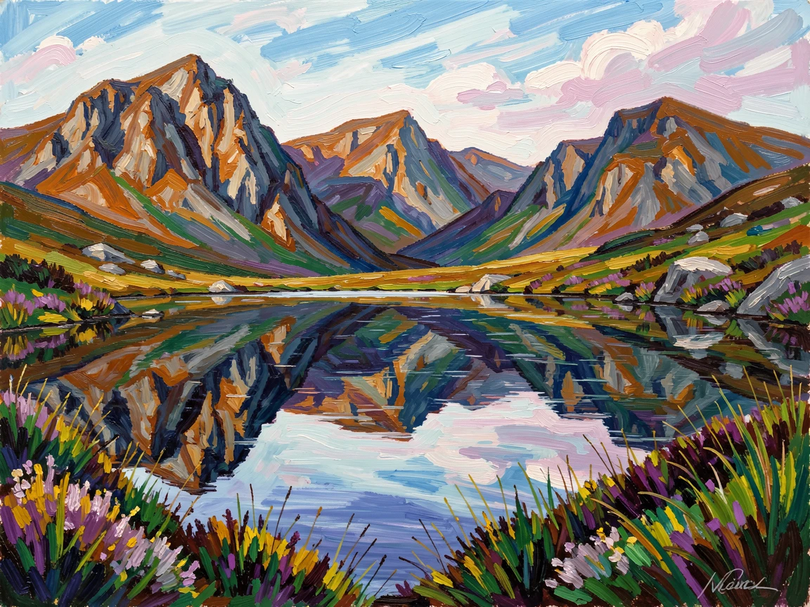A tranquil highland tarn reflecting the surrounding peaks in perfect stillness.