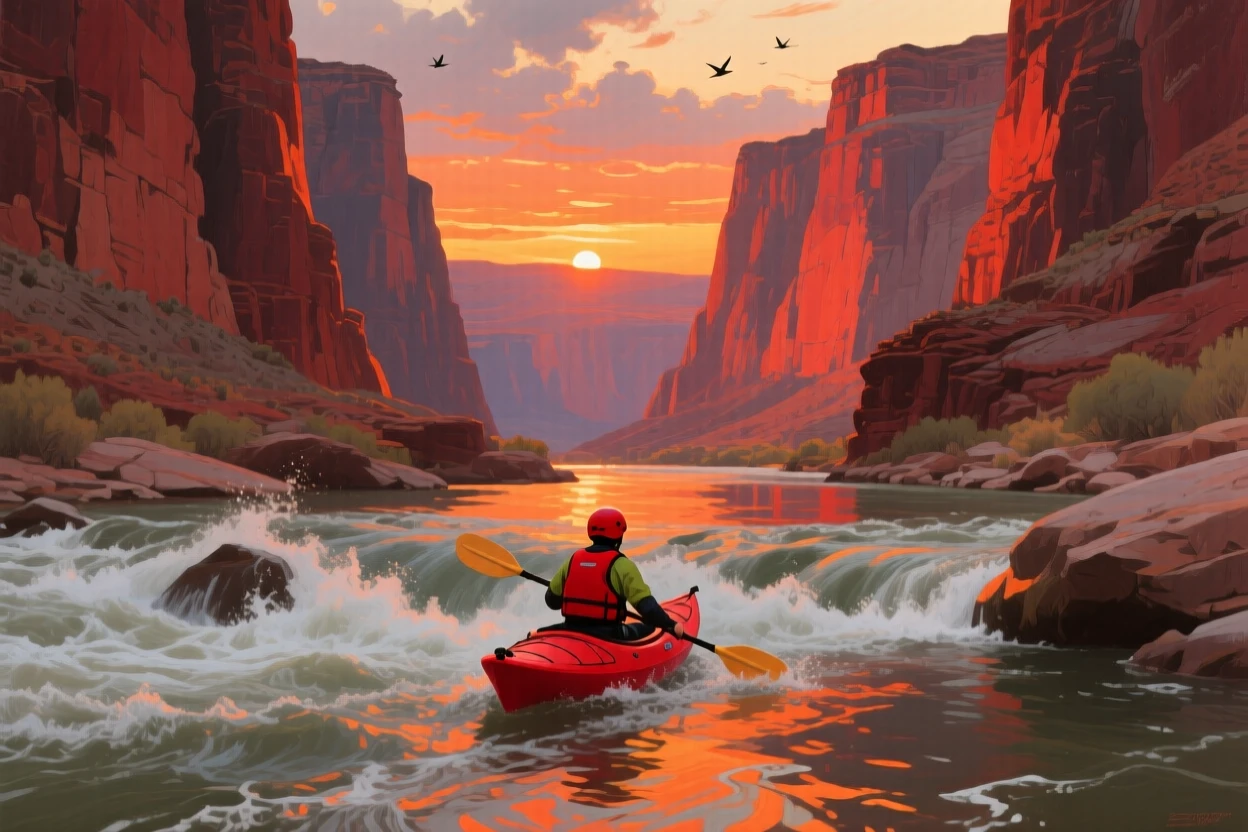 A dramatic river canyon in the American Southwest glows orange at sunset, a lone kayaker navigating rapids between towering red rock walls, the whole scene holding a quiet, unhurried stillness broken only by distant natural sounds.