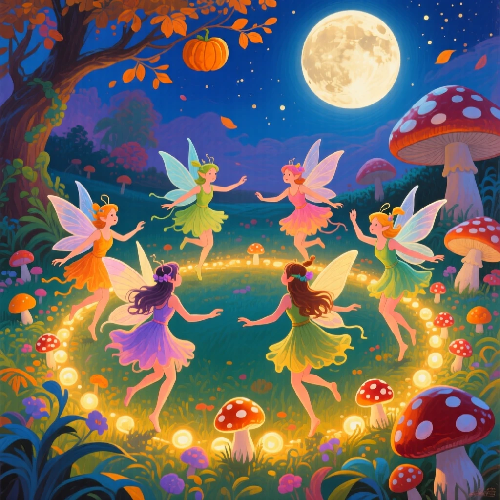 A group of fairies dancing around a glowing mushroom ring beneath a full harvest moon